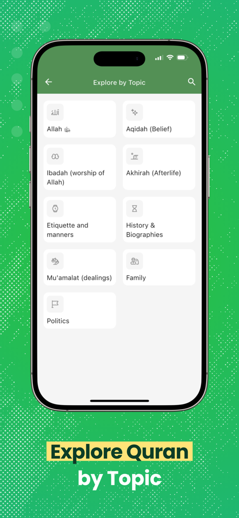Screenshot of the Al Quran app showing the Explore by Topic feature with categories like Allah, Aqidah, and Ibadah.