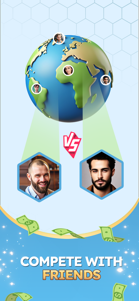 Photo Quiz: Win Real Money - A graphic showing two players competing globally in a head to head match for money with the text Compete with Friends.