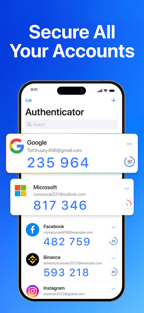 Interface do aplicativo Autenticador em um smartphone mostrando códigos de verificação de 2FA para contas Google e Microsoft