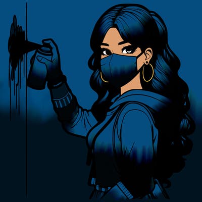 realistic girl with mask spray painting a wall