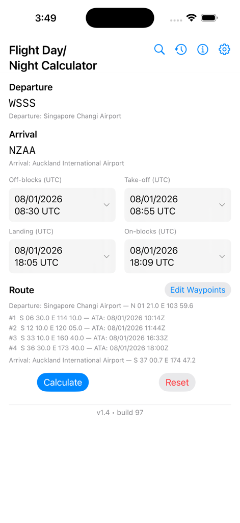 Flight Day/Night Calculator - Flight Day Night Calculator app interface showing departure arrival and route details for a pilot