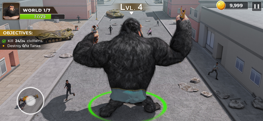 Ein riesiger Gorilla zerstört eine Stadtstraße in Apes Rampage Gorilla Games