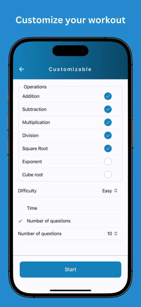 Math Workout - Brain training - Interface do aplicativo Math Workout mostrando configurações personalizáveis para dificuldade de operações matemáticas e número de perguntas
