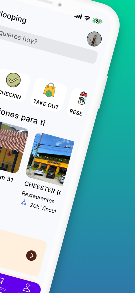 Glooping - Glooping app main screen showing restaurant options and checkin features