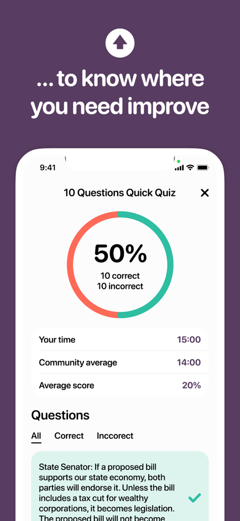 LSAT Prep - LSAT Prepアプリのクイズ結果、スコア統計とコミュニティ平均との比較を表示