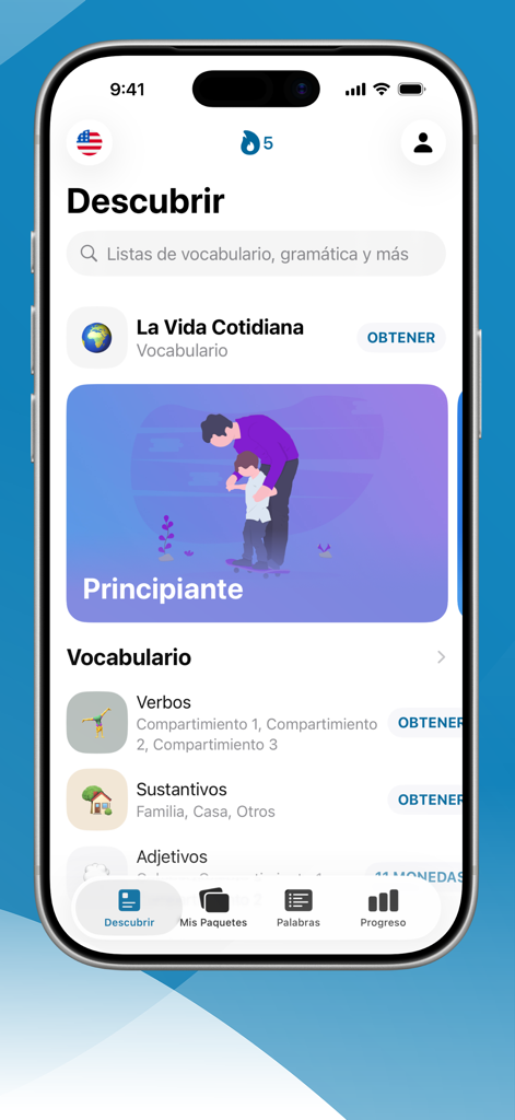 Lengoアプリのディスカバー画面。スペイン語で英語の語彙カテゴリが表示されている。