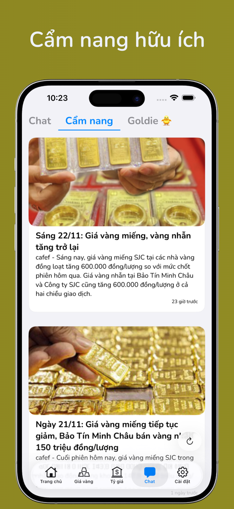 Vietnamese mobile app interface displaying gold investment news and financial market updates.