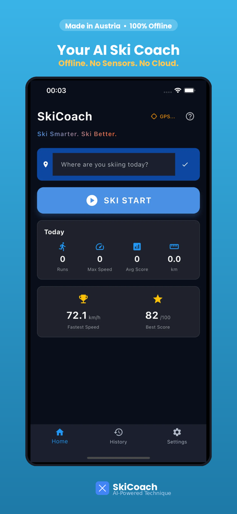 SkiCoach – AI Ski Coaching - Startbildschirm der SkiCoach-App mit Geschwindigkeitsverfolgung und KI-Technikbewertungsmetriken