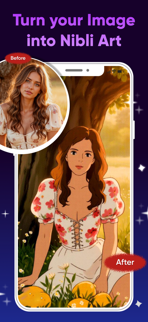AI Photo Enhancer : Photo App - Comparación antes y después de un retrato transformado en arte de anime estilo Nibli usando IA