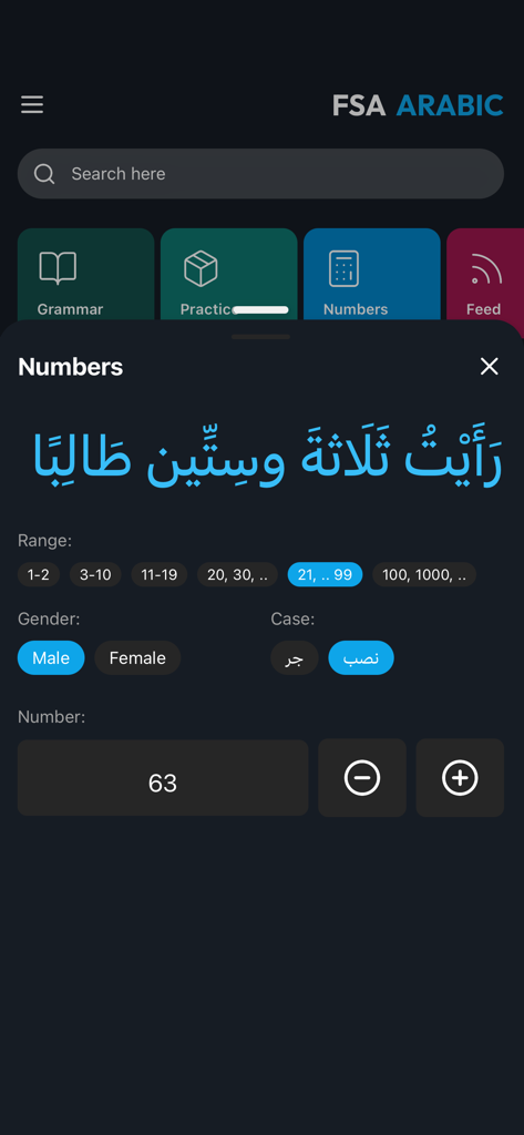 Pantalla de la aplicación de gramática árabe que muestra una lección de números con selecciones de género y caso gramatical.