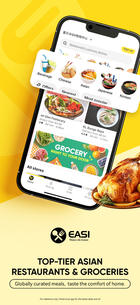 EASI Asian Food Delivery - EASI mobile app interface displaying authentic Asian food categories and grocery delivery options