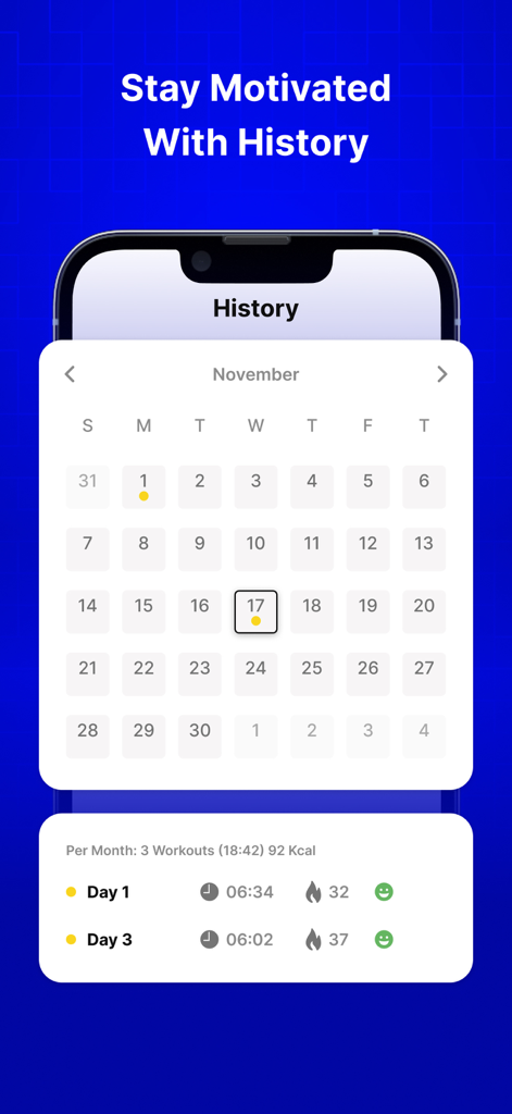 Mobile app screen showing a workout history calendar and daily chest exercise statistics.