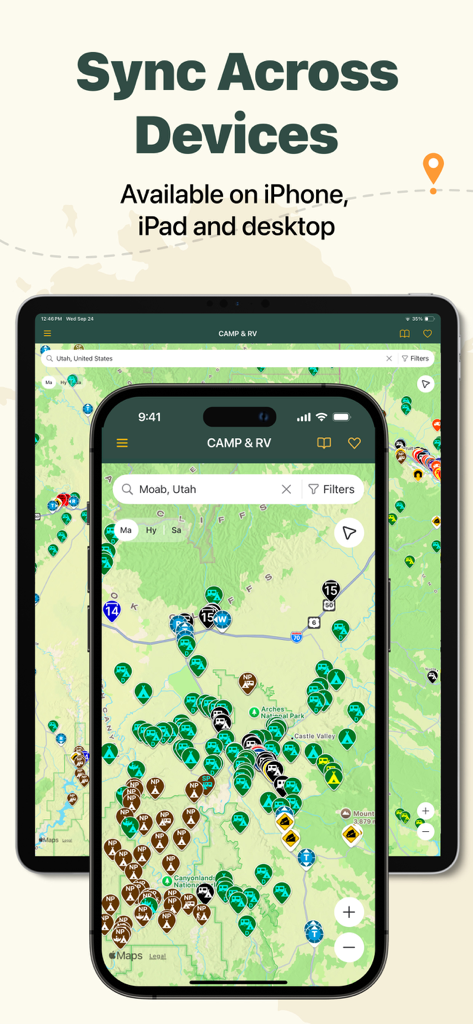 AllStays Camp and RV app interface on iPhone and iPad showing campsite map pins in Utah with cross-device synchronization.