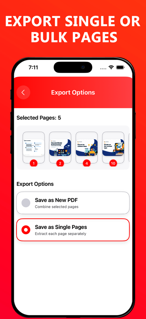 PDF Pages Editor - 選択したページを新しい結合PDFとして、または個別の単一ページとしてエクスポートするオプションが表示されているPDFページエディタアプリの画面。