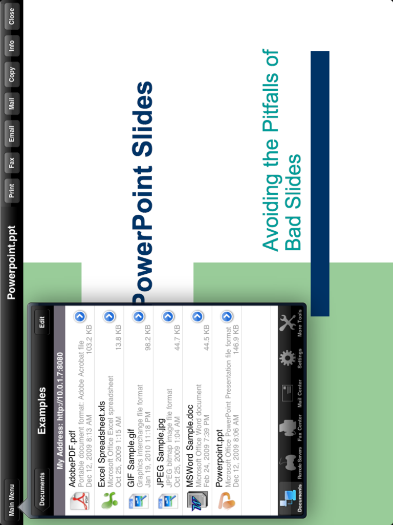 Faxing for iPad - A list of documents including PDF Word and Excel files being managed in the Faxing for iPad app