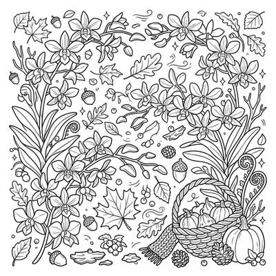 Celebrate the captivating harmony of exotic Dendrobium orchids and the cozy charm of autumn with this unique coloring page. It offers an intricate artistic escape, perfect for a relaxing creative session.
