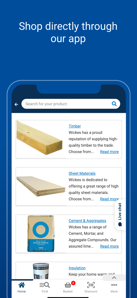 Wickes TradePro - Smartphone screen of Wickes TradePro app showing trade product categories like timber and cement