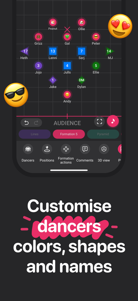 Interfaccia dell'app mobile che mostra come personalizzare nomi, colori e forme dei ballerini su una griglia di coreografia