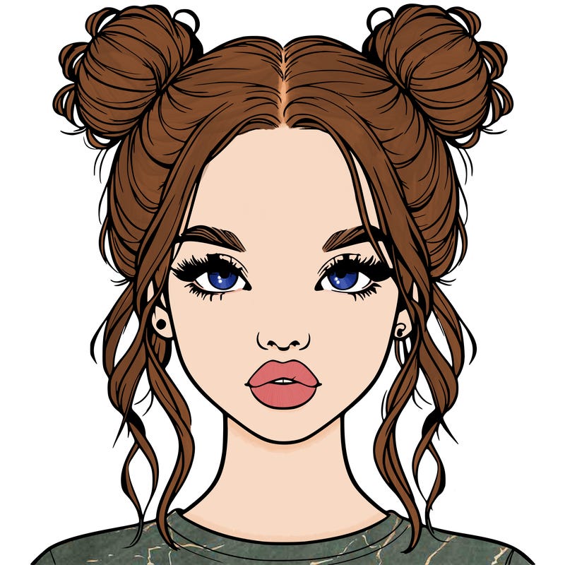 realistic girl with two buns in hair and lips