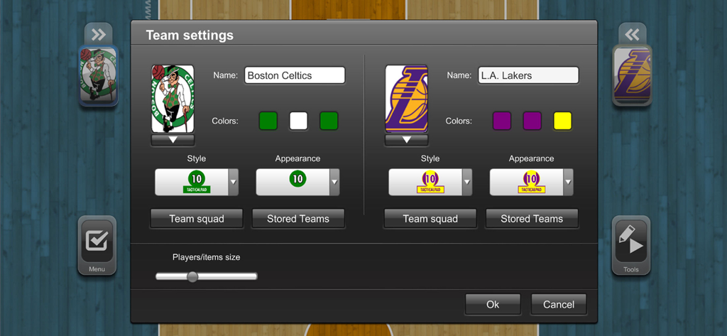 TacticalPad Basketball - Einstellungen-Menü für Teams in der TacticalPad Basketball App, das Anpassungsoptionen für Teamnamen, Logos und Farben anzeigt