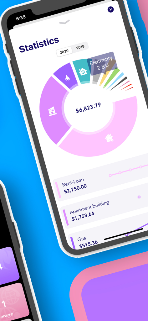 Schermata delle statistiche dell'app Le mie bollette che mostra un grafico a ciambella delle spese domestiche per categoria.