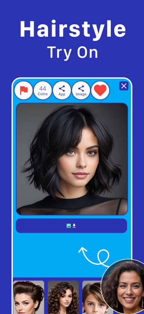 How Old Do I Look - Future Me - 様々なヘアオプションを持つ女性とヘアスタイル試着機能を表示するモバイルアプリのインターフェース。