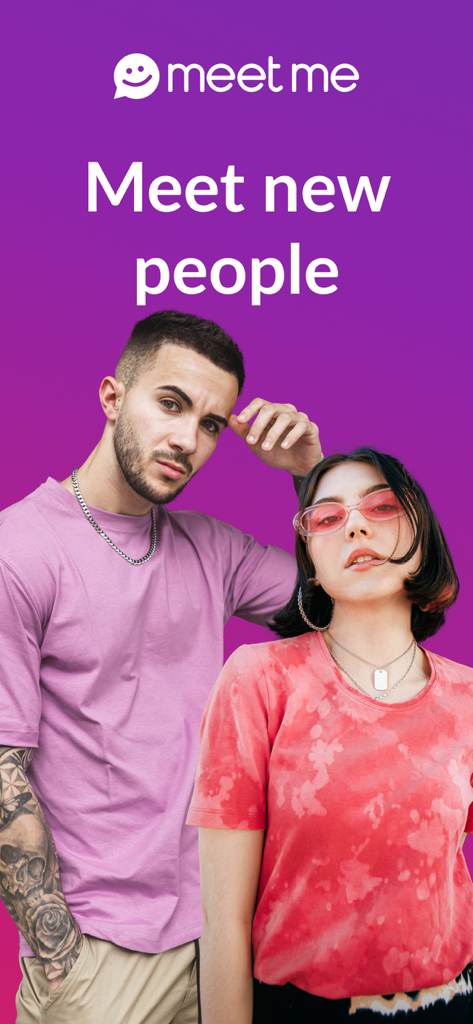 A young man and woman posing against a purple background with the MeetMe logo and the text Meet new people