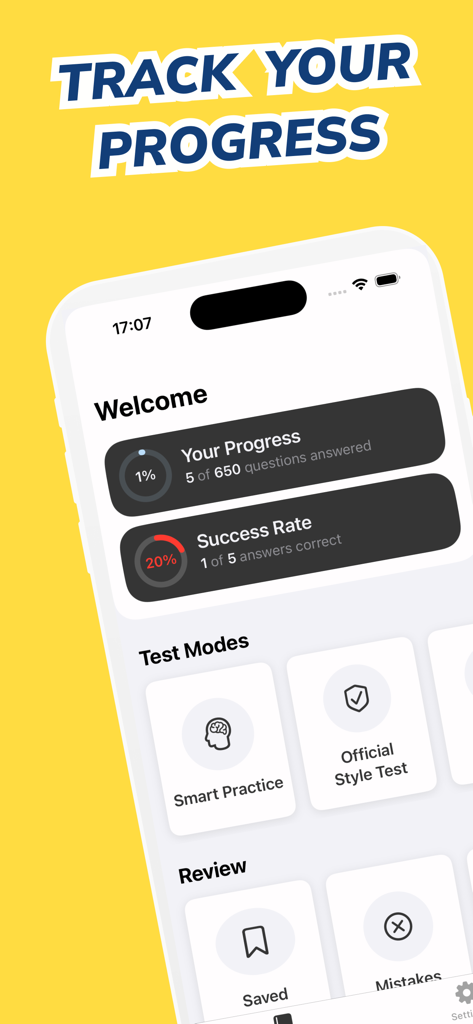 Permis Online - Mobile app screen showing driving theory test progress tracking and success rate statistics.