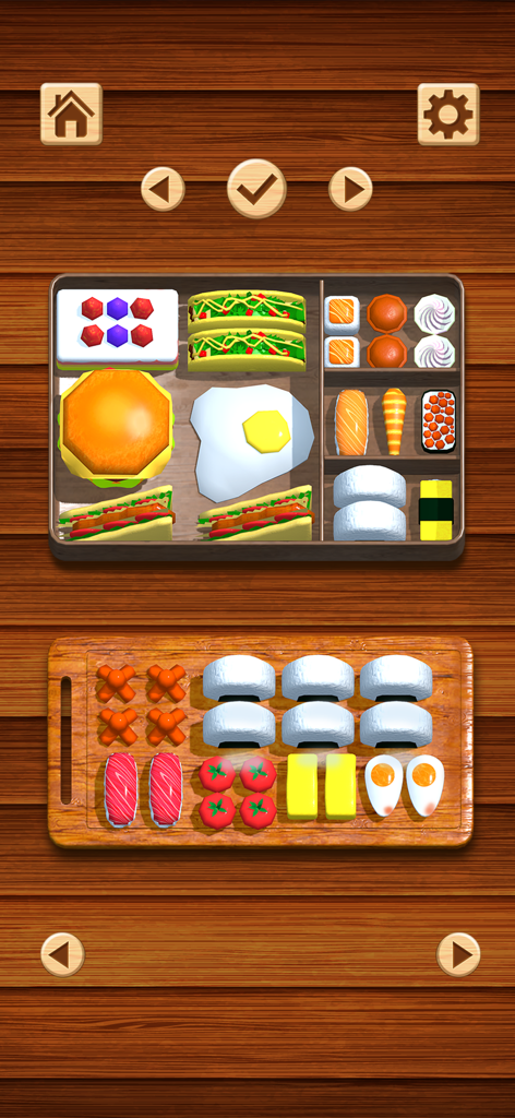 Antistress Pop it Toy 3D Games - Digital 3D food organization game featuring a bento box and various toy-like food items on a wooden surface