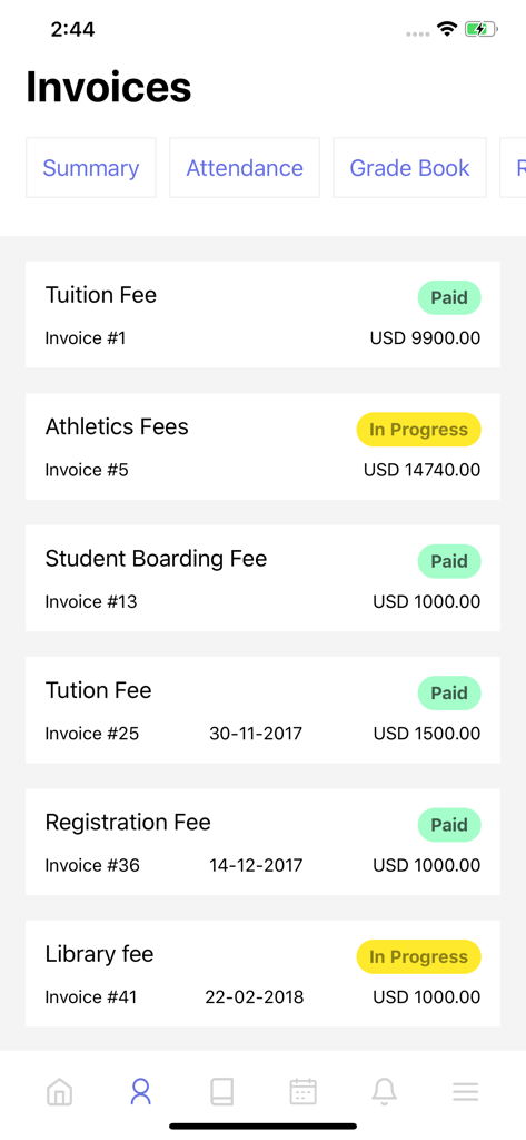 Mobile screen showing a list of student invoices and payment statuses for tuition and school fees