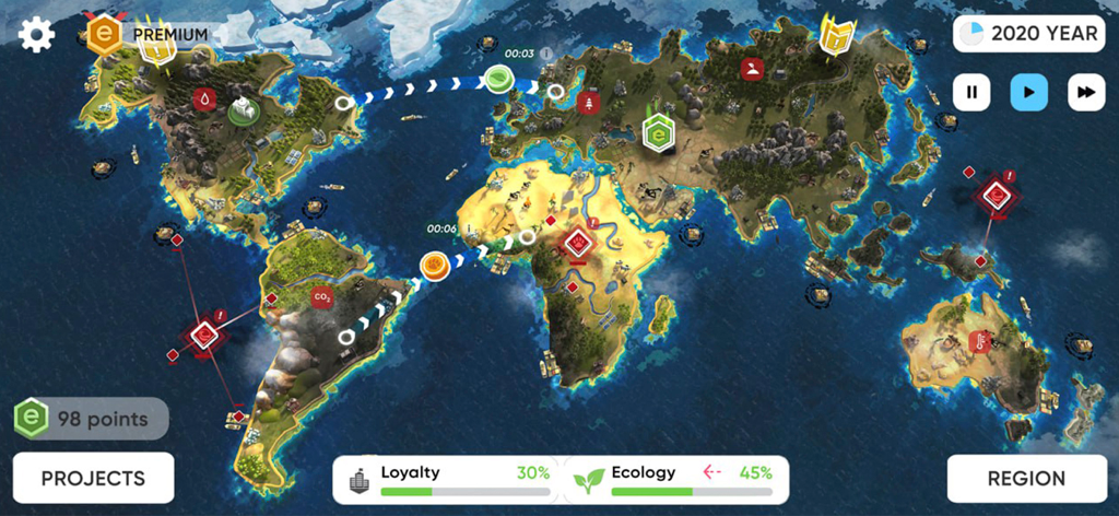 Eco Inc. Save the Earth gameplay showing a strategic world map with ecology and loyalty progress bars