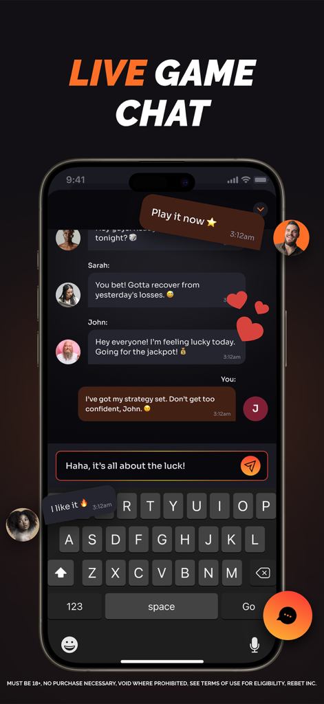 ReBet: Social Sports & Casino - A smartphone showing the live game chat feature of the Rebet app with users discussing sports betting strategies and reactions