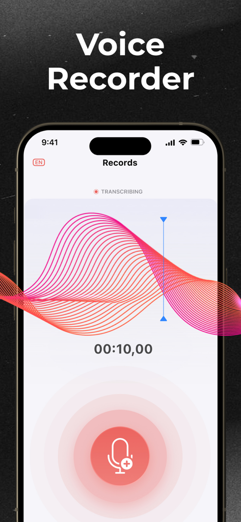 iPhone screen displaying the Voice Recorder app interface with a colorful audio waveform and real-time transcribing status
