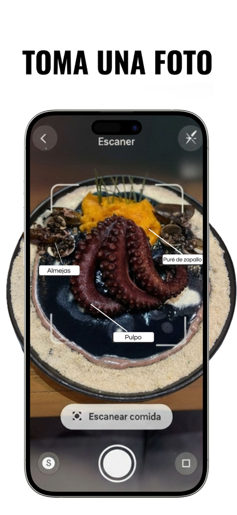Calorico: Contador de Calorias - Smartphone showing the Calorico app AI food scanner identifying octopus and other ingredients in a meal photo.