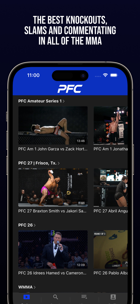 Peak Fighting - Home screen of the Peak Fighting app displaying various MMA fight videos and event categories