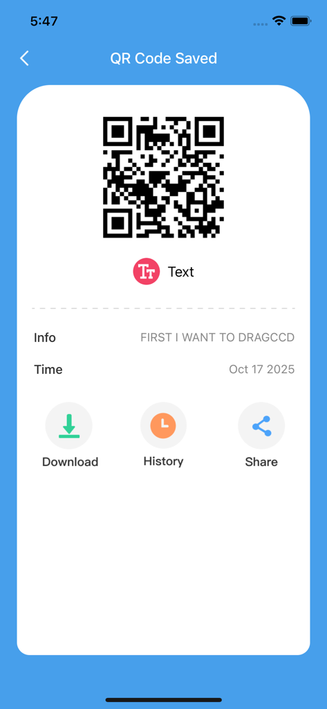 QRNow: Scan & Quick - Interface of the QRNow app showing a successfully saved QR code with options to download, view history, or share.