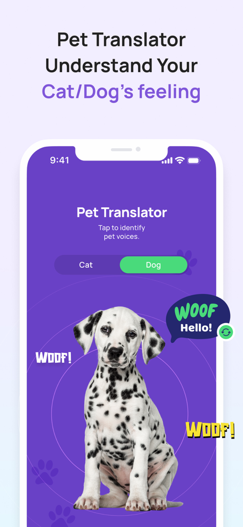 6Sense AI mobile app screenshot showing the pet translator feature with a dalmatian puppy translating a bark to hello