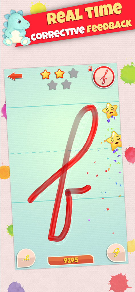 LetraKid: Cursive Writing Kids - A screenshot showing the LetraKid app interface where a child is tracing a cursive letter f with real time feedback on a digital writing tablet.