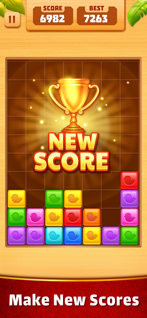 Match Tiles: Block Puzzle Game - Un trophée doré célébrant un nouveau meilleur score dans le jeu de puzzle de blocs Match Tiles