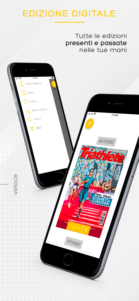 Due schermate di iPhone che mostrano il menu dell'edicola digitale Triathlete e la copertina di una rivista