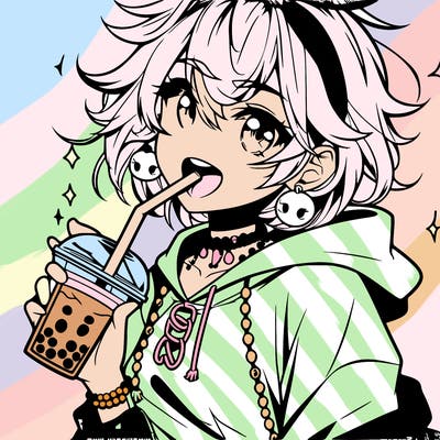 hot baddie anime girl drinking boba and biting the straw