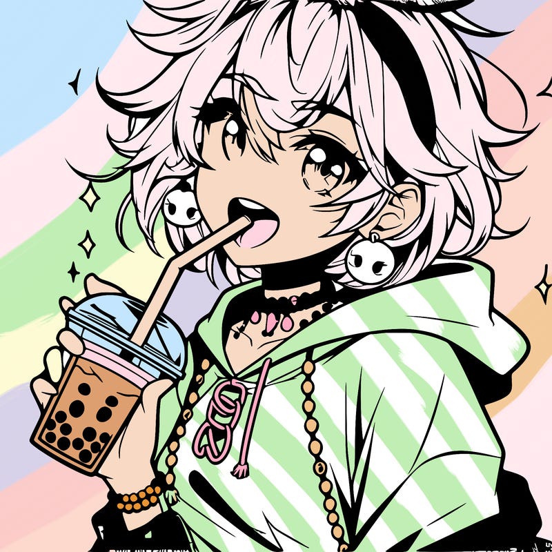 hot baddie anime girl drinking boba and biting the straw