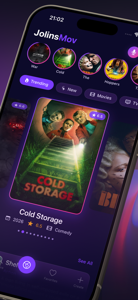 Texsmith - Find Movie Location - JolinsMov app interface showing trending movies and a dark purple cyberpunk design