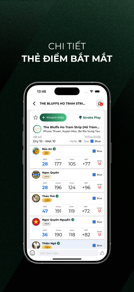 vHandicap app interface displaying a digital scorecard with player names and golf statistics