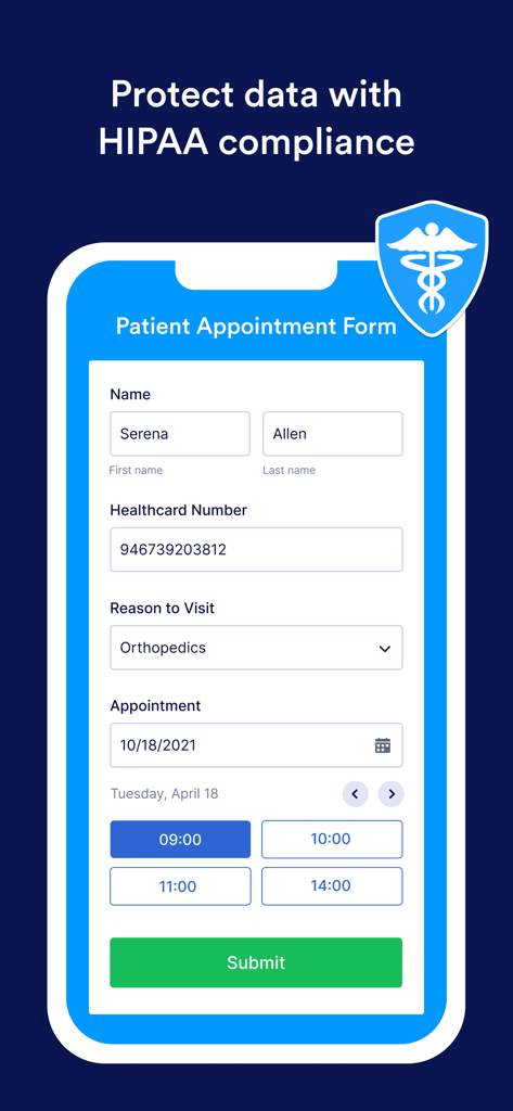 Mobile Ansicht, die ein HIPAA-konformes Patienten­termin­­­formular in Jotform Enterprise anzeigt