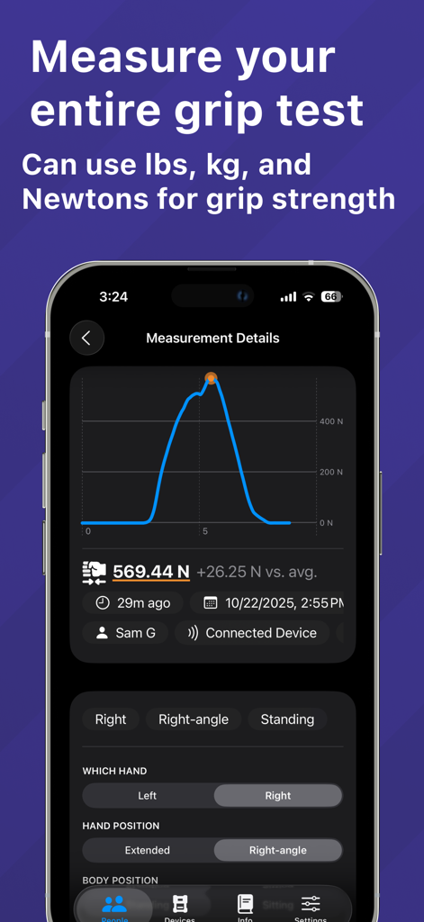 GripMeter Physio - Grip Tester - Interfaz de la aplicación GripMeter Physio que muestra un gráfico de medición de fuerza de agarre y resultados detallados en Newtons.
