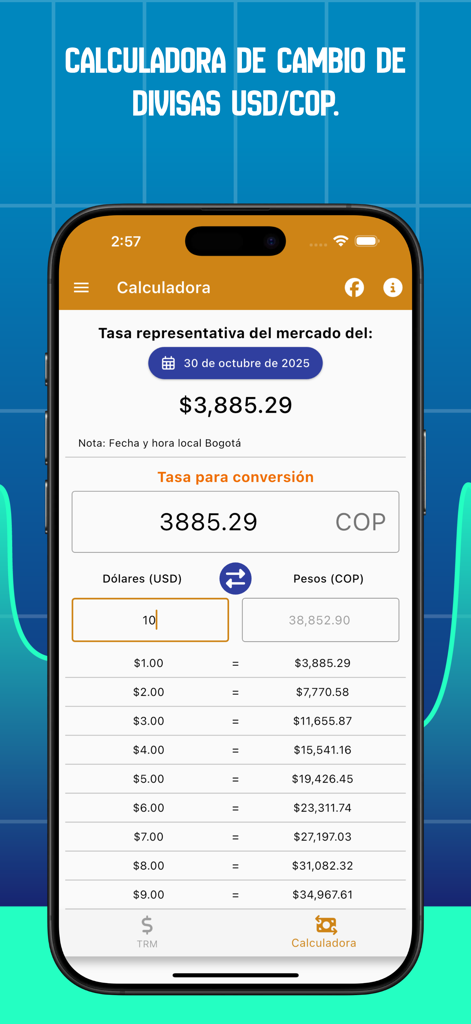 Dollar in Colombia - Interfaccia dell'app mobile che mostra un convertitore di valuta USD in COP con tasso di cambio e tabella di conversione.