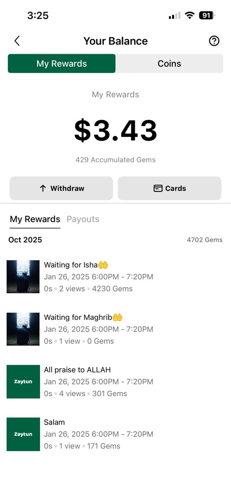 Zaytun AI - Zaytun AI app balance screen showing rewards and withdrawal options