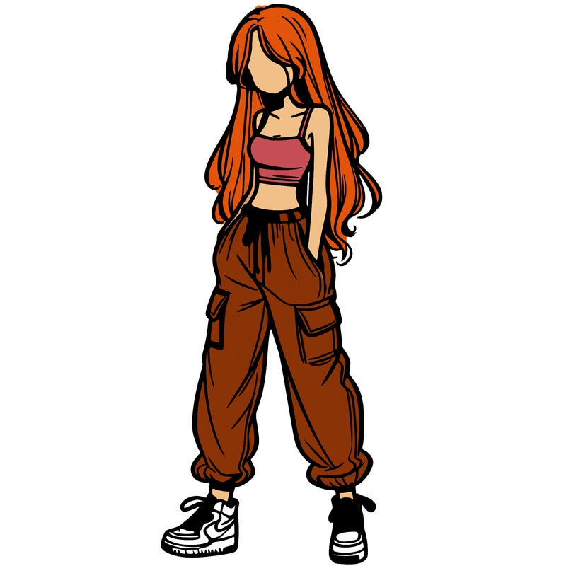 girl in baggy pants crop top and long hair
