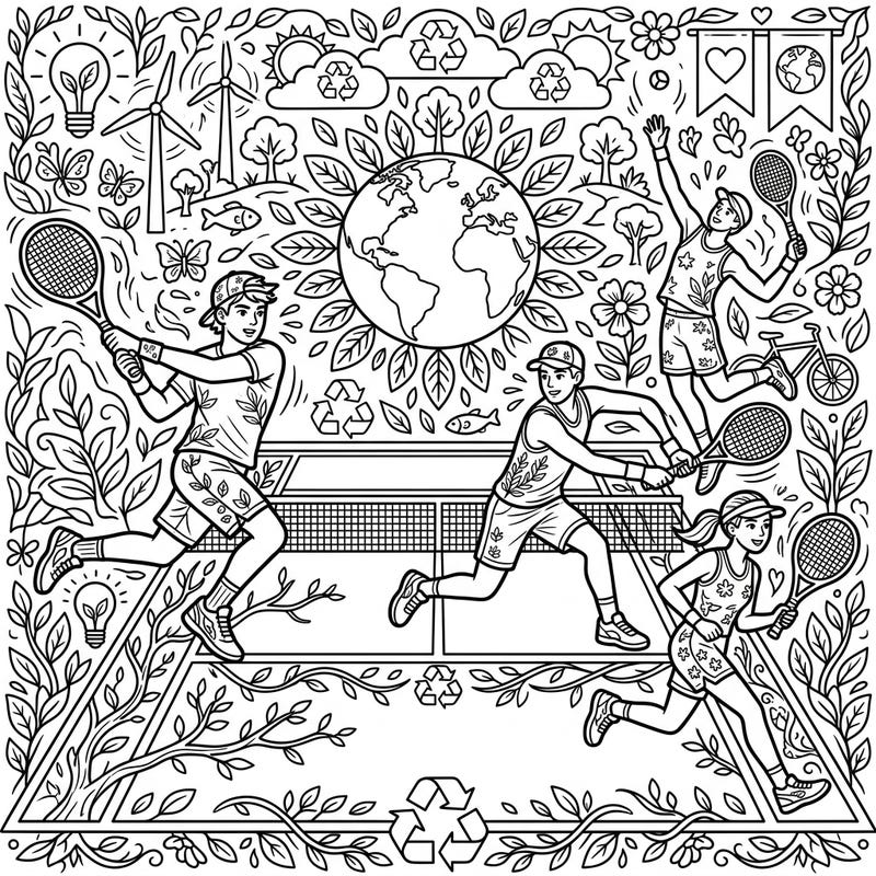Combine your love for tennis and environmental awareness with this unique coloring page featuring dynamic players amidst Earth Day symbols. It's the perfect way to celebrate sport and sustainability with a splash of color.
